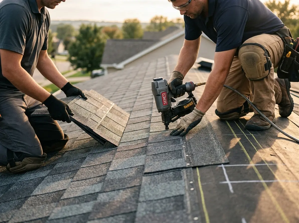 Professional roofer working on a residential roof in East Rancho Dominguez